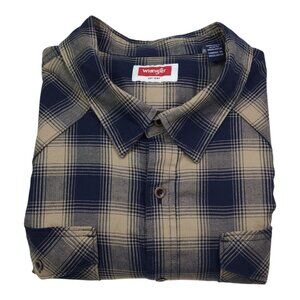 Wrangler Mens Plaid Flannel Button-Up Shirt 2XL Navy & Beige Long Sleeve Classic